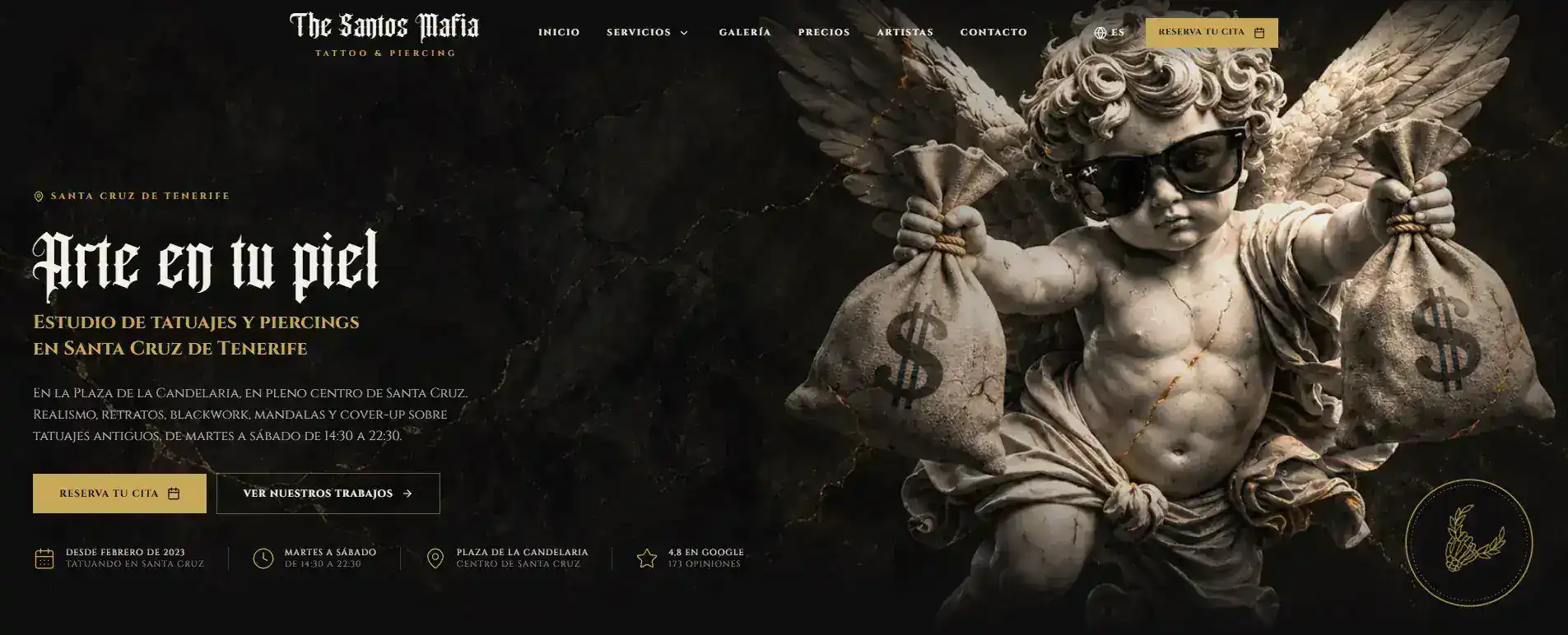 Página web de The Santos Mafia, estudio de tatuajes, con galería de trabajos y reserva de citas online