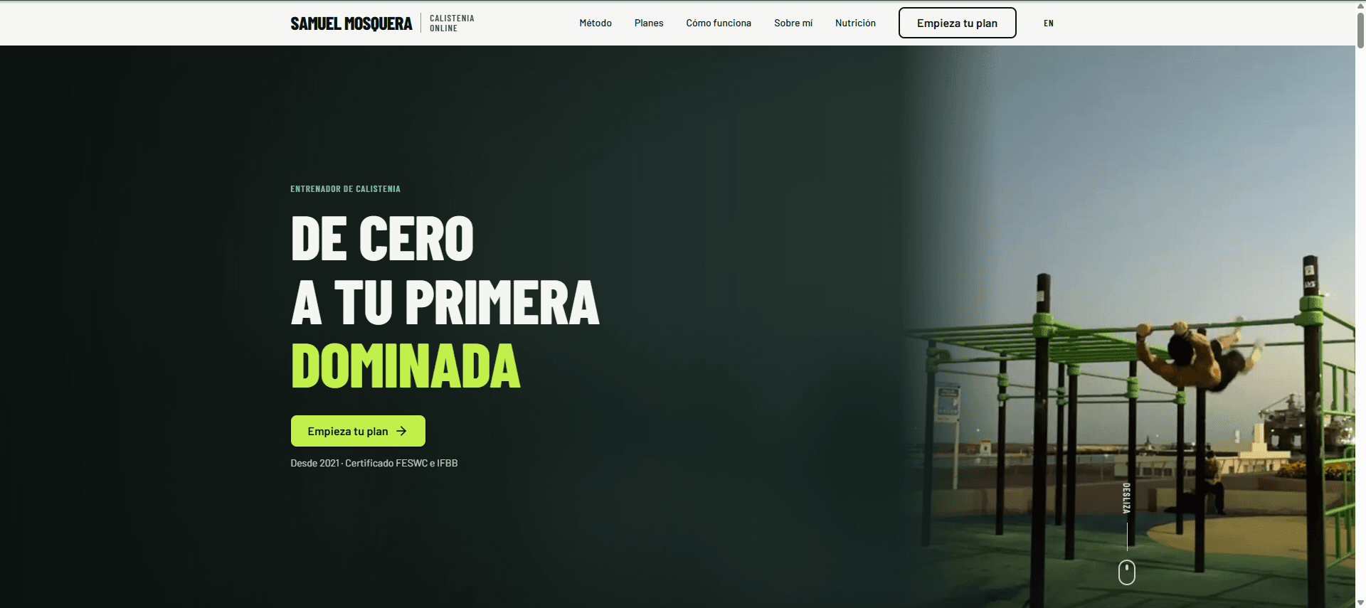 Web de Samuel Mosquera, entrenador de calistenia online, vista en un ordenador
